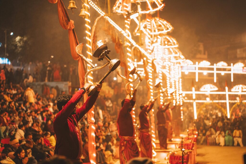 A vibrant depiction of the Ganga Aarti ceremony in Varanasi, showcasing traditional rituals and cultural heritage.